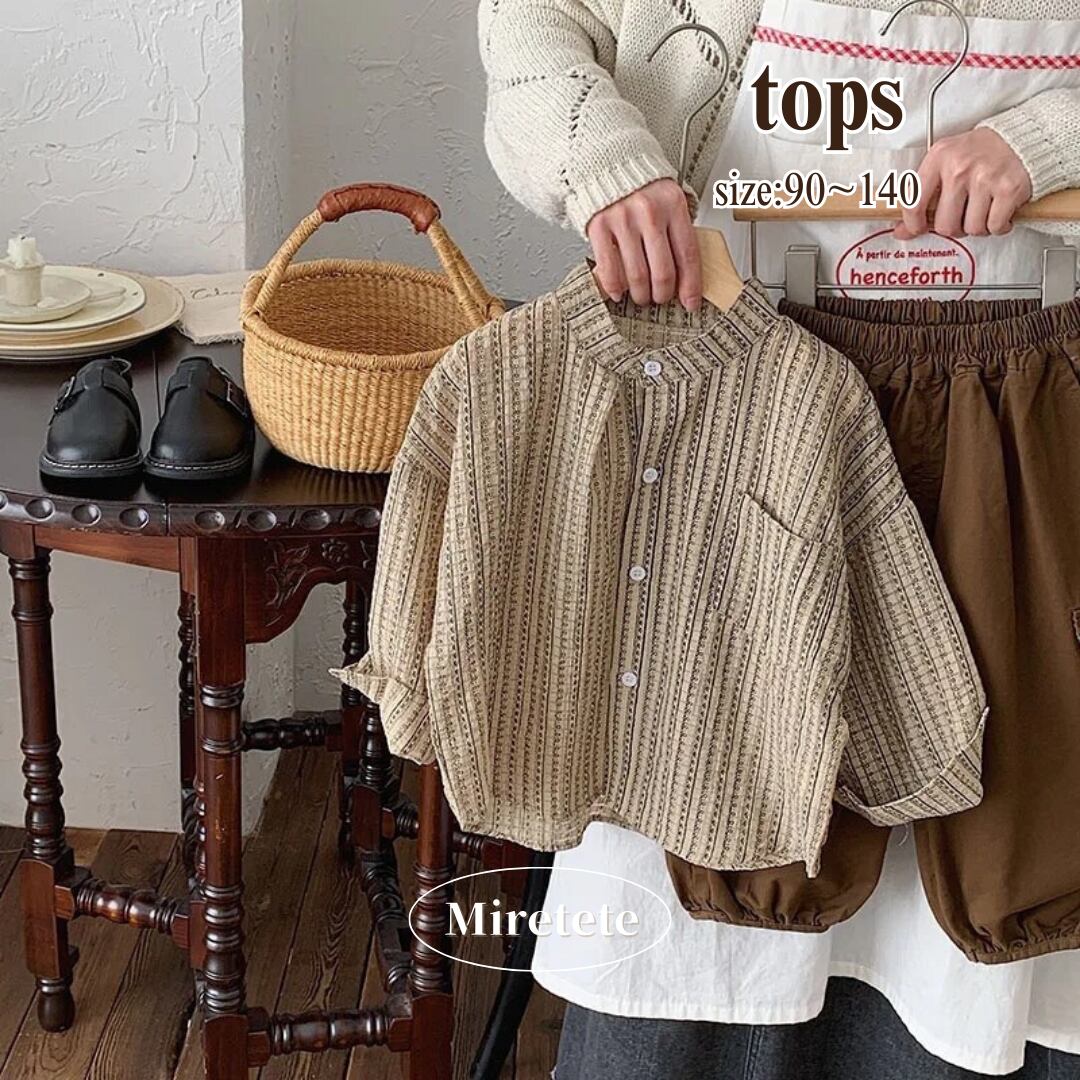 【取寄】おしゃれなライン刺繍風の柄のノーカラーシャツ