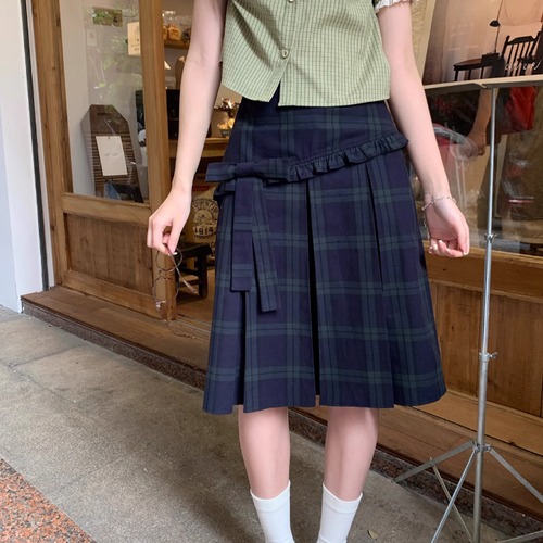 サイドリボンチェック柄ミドル丈スカート ・7144
