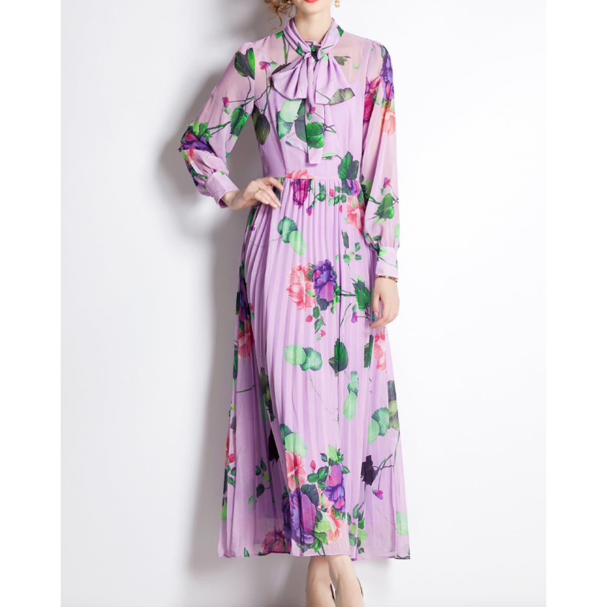 フラワーボウタイプリーツワンピース L1726