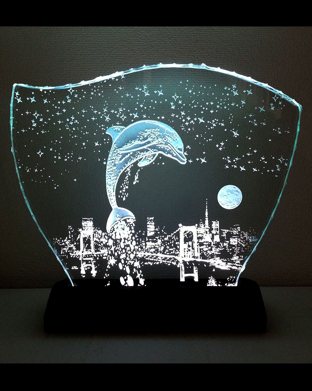 星降る夜・イルカと東京夜景 （ガラス：Lサイズ）｜エッチングガラス