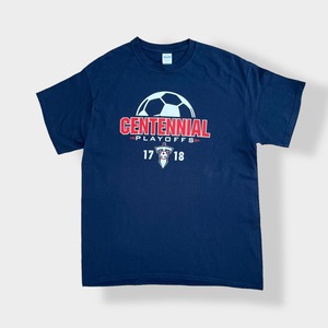 【GILDAN】サッカー ロゴ プリント Tシャツ 半袖 バックプリント 両面プリント LARGE ネイビー us古着