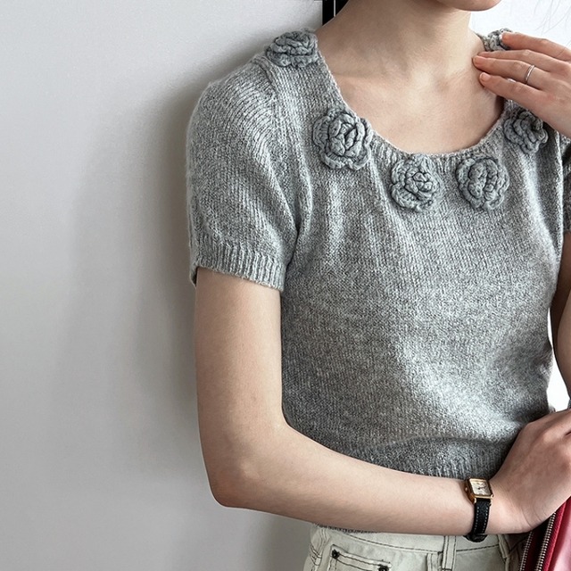 short sleeve flower knit tops