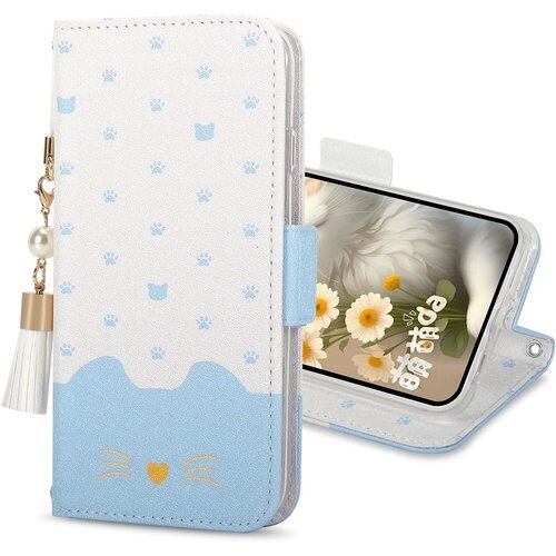 OPPO Reno11 A ケース 手帳型 オッポ Reno11Aケースチャーム な タッセル ストラップ付き かわいい 猫 スタンド機能 カード入れ収納 式財布型 OPPO Reno11 A スマホケース OPPO Reno11 Aブルー 2612