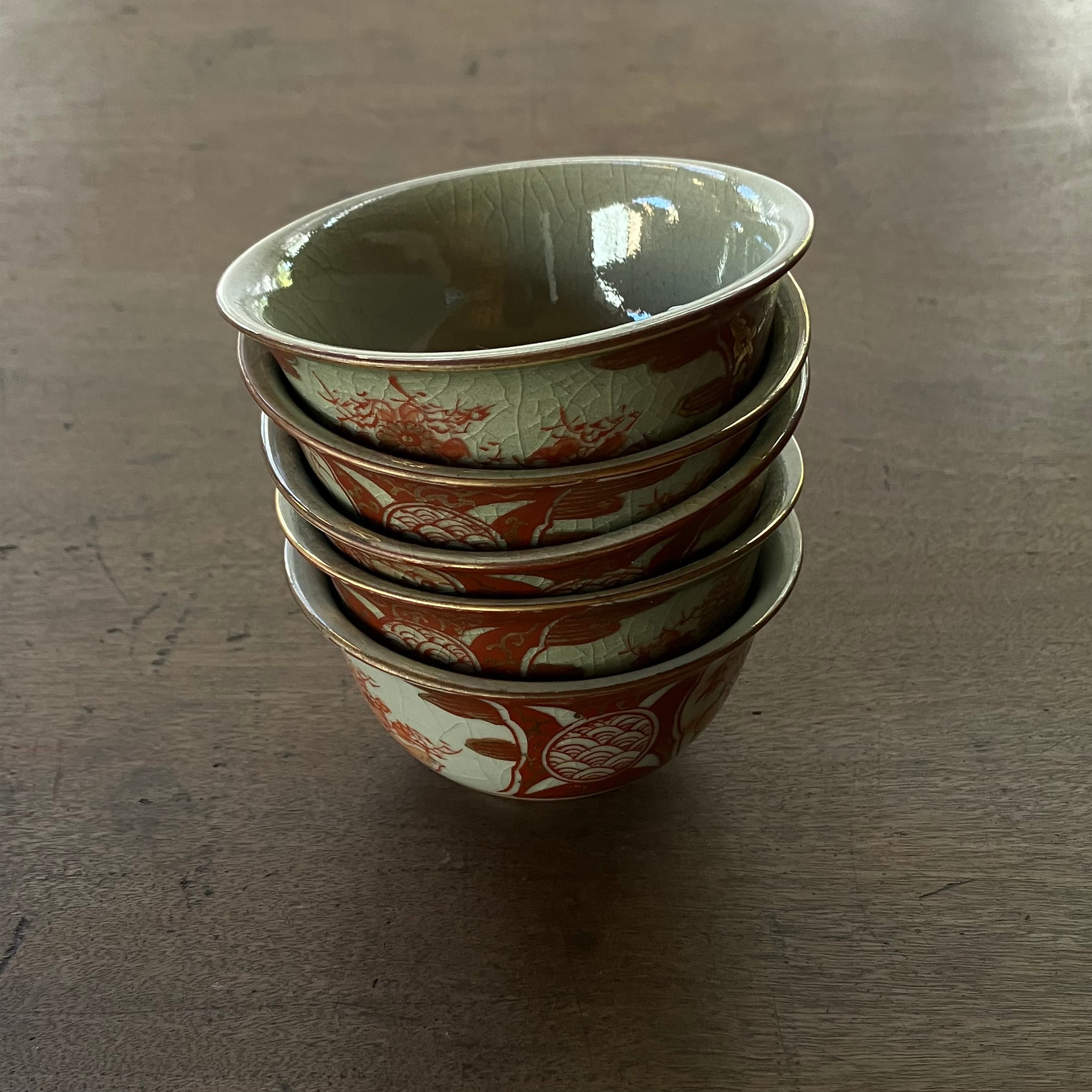 九谷赤絵土焼き/湯呑五客 明治初期 | 夏ノ庭 アトリエギャラリー・書架