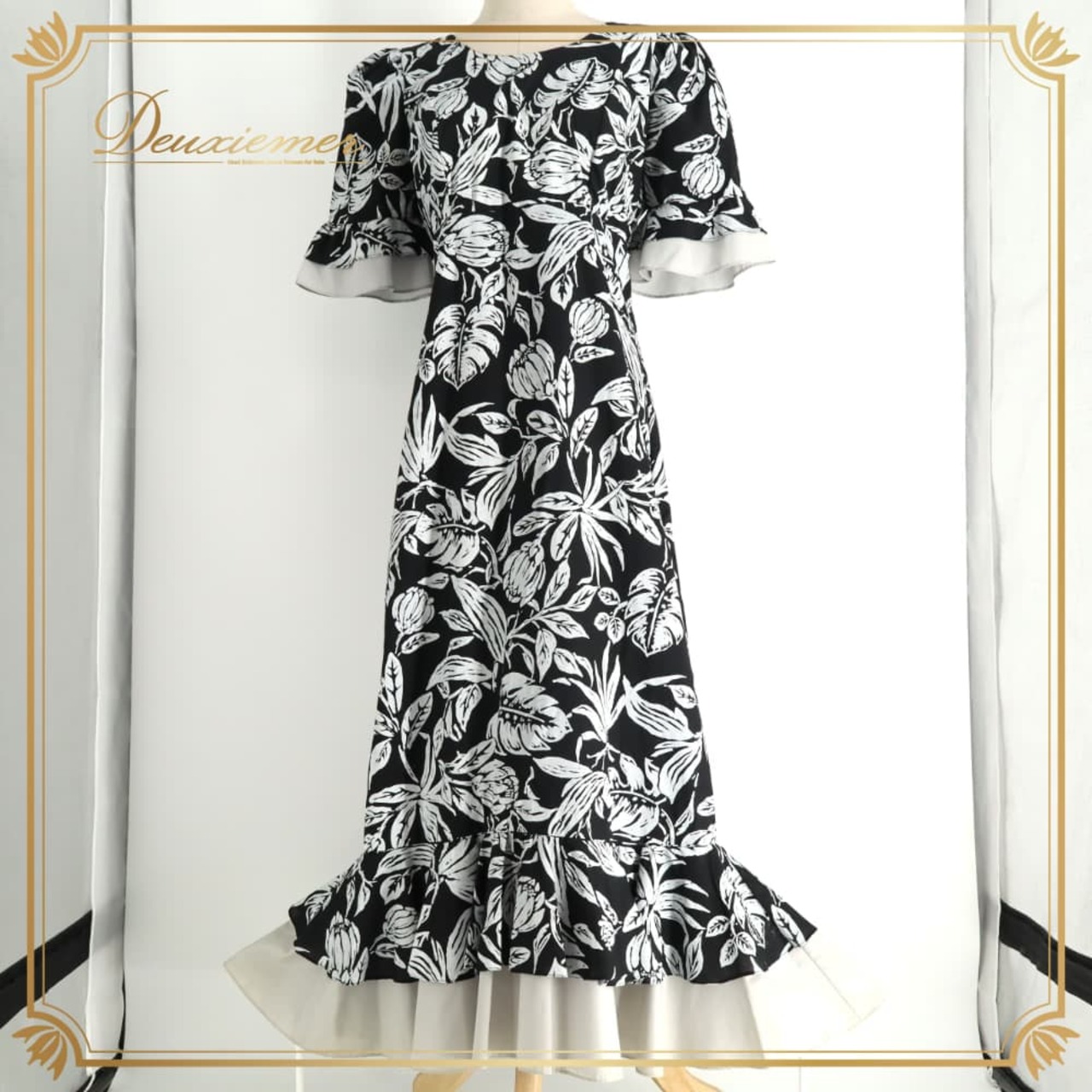 フラダンス 衣装 T&L MUUMUU FACTORY ムームーファクトリー ワンピース ドレス ブラック系 花柄 植物柄 ハワイアンプリント ハワイアン アロハ フラ ダンス レッスン 練習 黒 灰色 白 グレイ系 ホワイト系 ハワイアンダンス フリル モノトーン かわいい おしゃれ 上品 大人っぽい ハワイ製