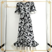 フラダンス 衣装 T&L MUUMUU FACTORY ムームーファクトリー ワンピース ドレス ブラック系 花柄 植物柄 ハワイアンプリント ハワイアン アロハ フラ ダンス レッスン 練習 黒 灰色 白 グレイ系 ホワイト系 ハワイアンダンス フリル モノトーン かわいい おしゃれ 上品 大人っぽい ハワイ製