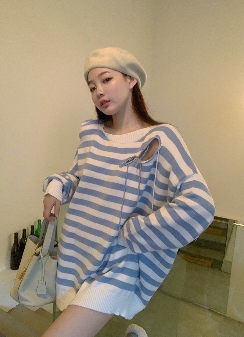 ルーズストライプセーター レディースオータムラウンドネックプルオーバー ニットレーストップス 秋物 Oネック ブラックストロベリース10045547221