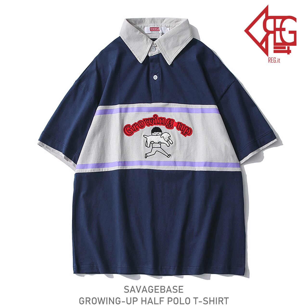 Regit Savagebase Growing Up Half Polo T Shirt Navy S S 韓国服 トップス ポロシャツ 半袖 ｔシャツ 夏 レトロ ストリートファッション オーバーサイズ ユニセックス メンズライク 男女兼用 10代 代 プチプラ 個性的 着映え ネット通販 Tpt036 S S Regit