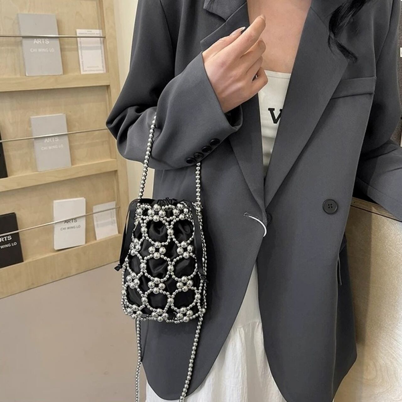 Beaded Drawstring Bucket Bag 01512