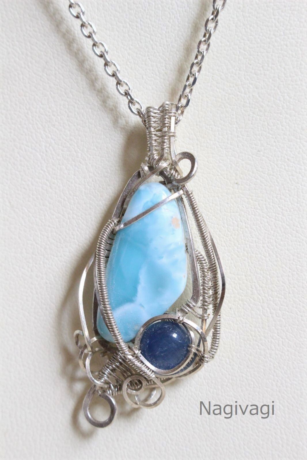 Larimar & Kyanite silver925 wirewrapping pendant