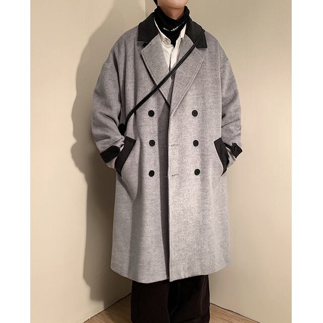 【予約販売】コート ロングコート アウター ロング丈 バイカラー 襟 モード 通学 ビジネス 防寒 メンズ ブラック グレー シック 防寒 お洒落 こなれ感 ベーシック 秋冬 大きいサイズ M/L/XL/2XL