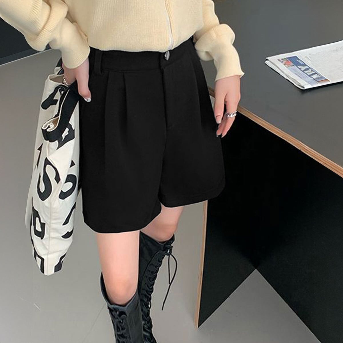 ウール風 タック ショートパンツ レディース 秋冬 韓国 きれいめ 大人 通勤 ビジネス オフィス カジュアル OL スラックス ゆったり 体型カバー 大人可愛い 大人女子