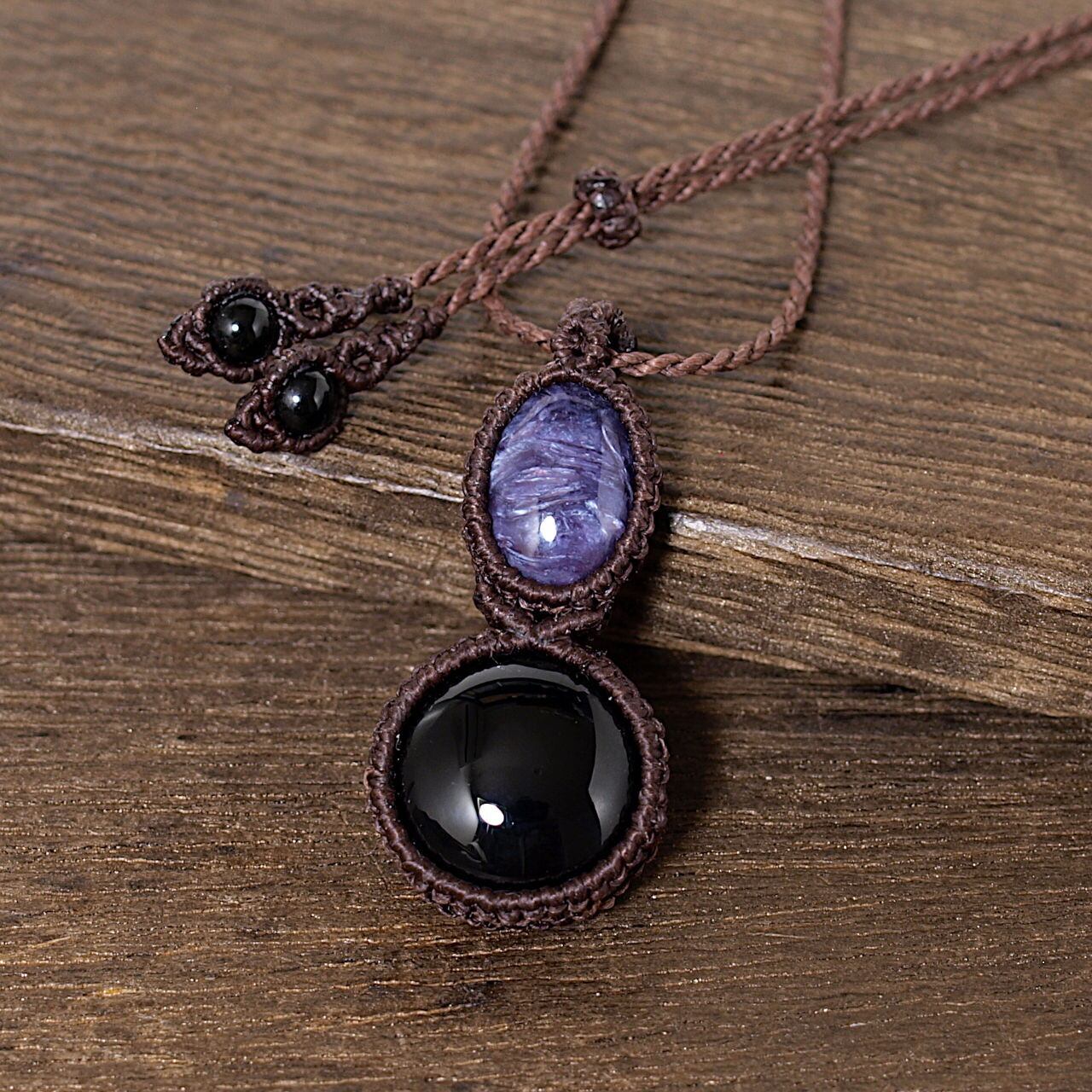 【一点物】チャロアイト+オニキス連結マクラメネックレス