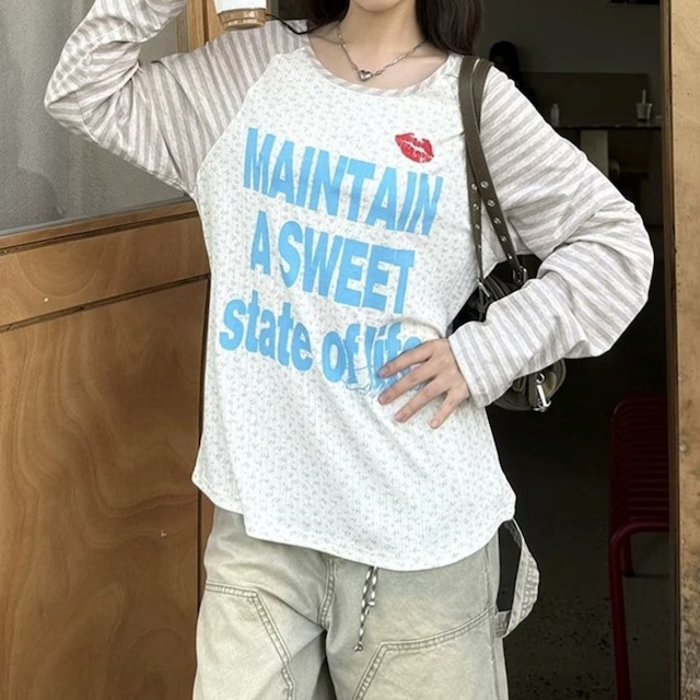 ボーダーラグランリッププリントロングスリーブTシャツ 2col R02471