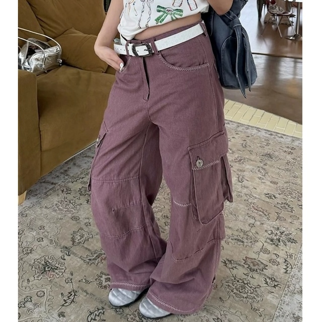 コントラストステッチワイドシルエットカーゴパンツ 2col R02455