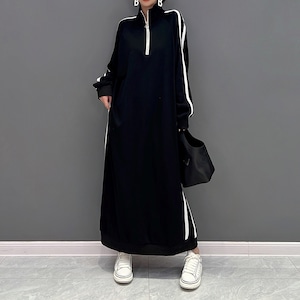 HALF ZIP COLLAR DOUBLE LINE LONG DRESS 1color M-5979