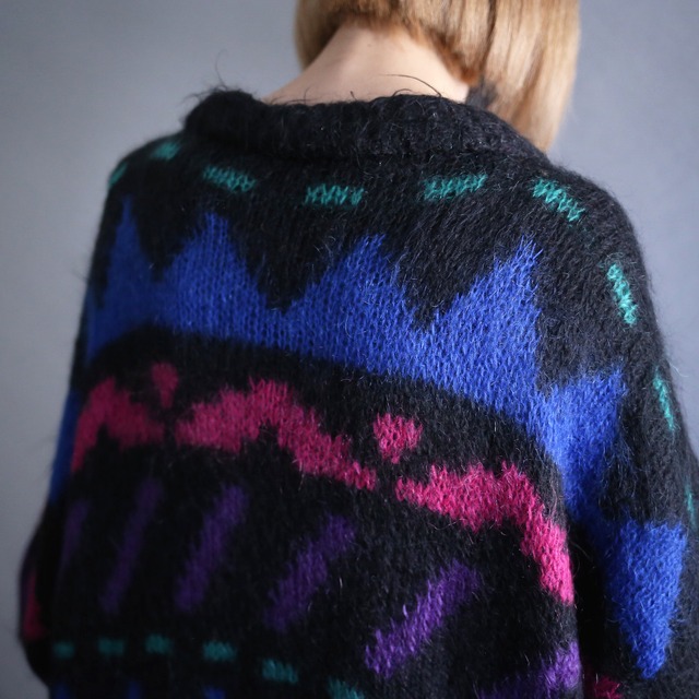 "mohair" psychedelic geometry pattern over size knit jacket coat