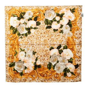 シャネル カメリア フラワー 花 バンダナ スカーフ アイボリ イエロー グリーン シルク レディース CHANEL 【中古】