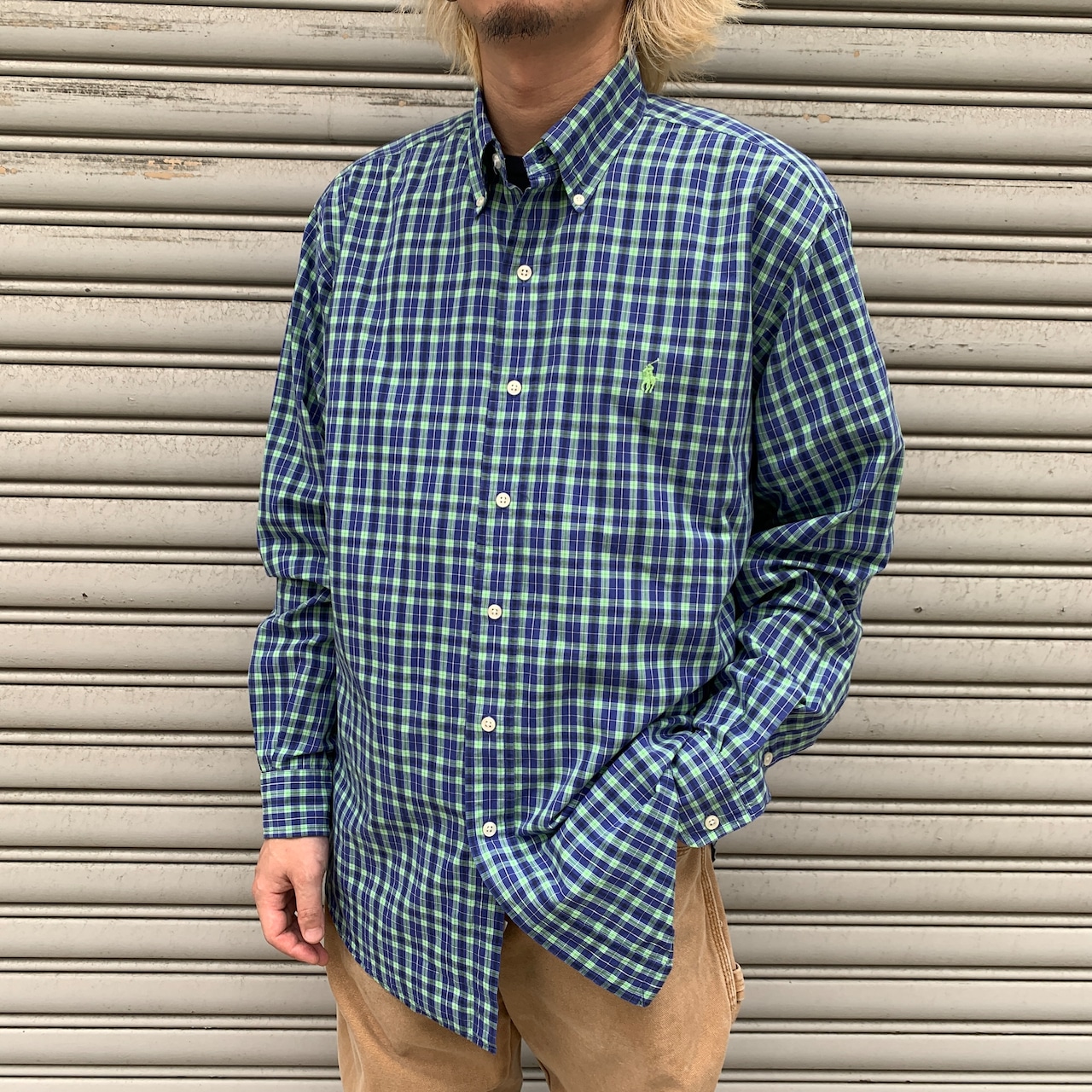 Ralph Laure チェック柄長袖シャツ L カスタムフィット 蛍光グリーン