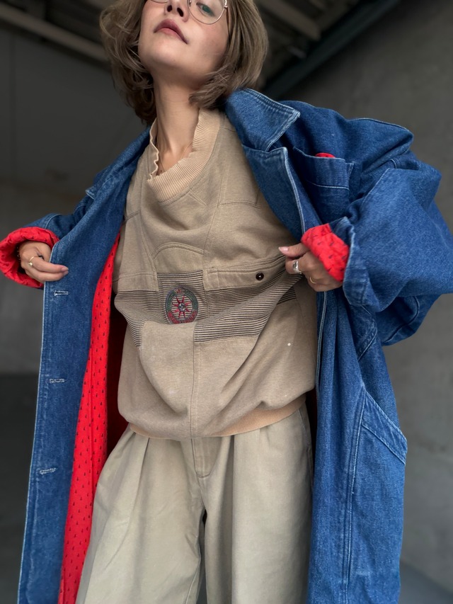 （OT1586）Denim dolman sleeve coat/ red lining