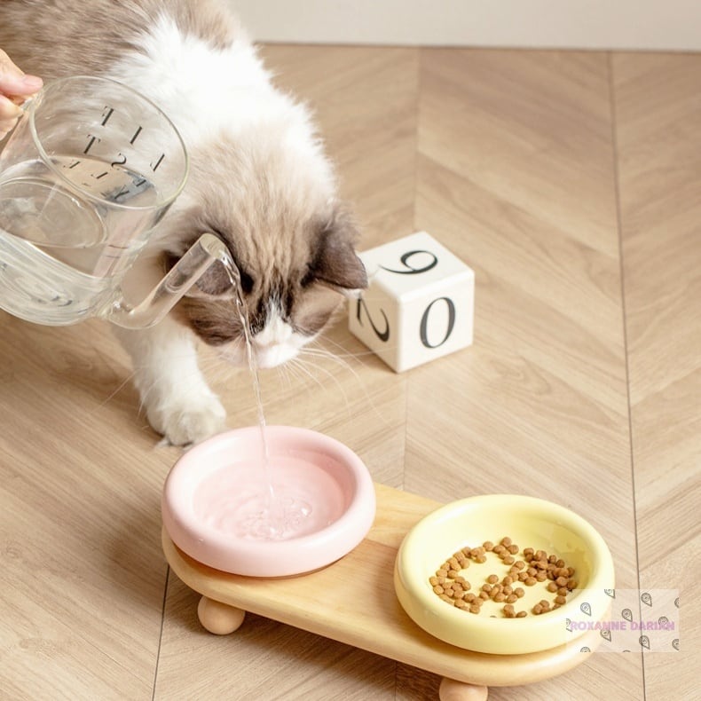 北欧風/高級陶器製】ペット用 フードボウルスタンド 木製脚付き 食器台