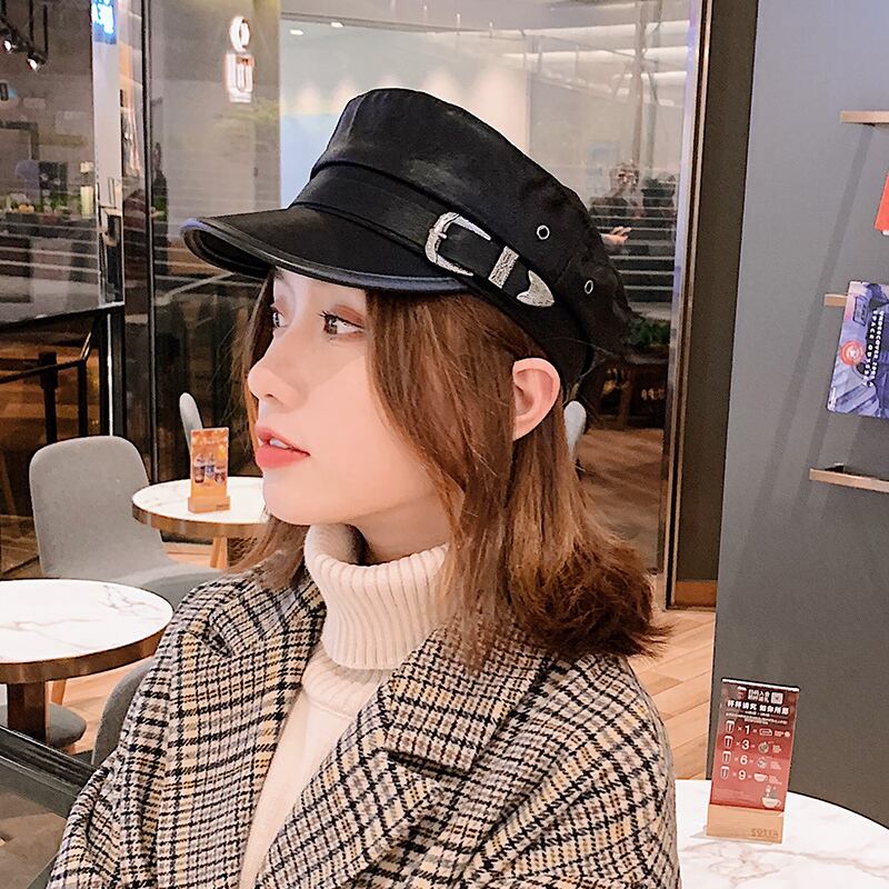 メタルバックルレザーブラックオータムウィンターキャップ 帽子 秋物 冬物 ベレット ヘアアクセサリー ヨーロピアン ブラック・アイド・ピーズ8641618544