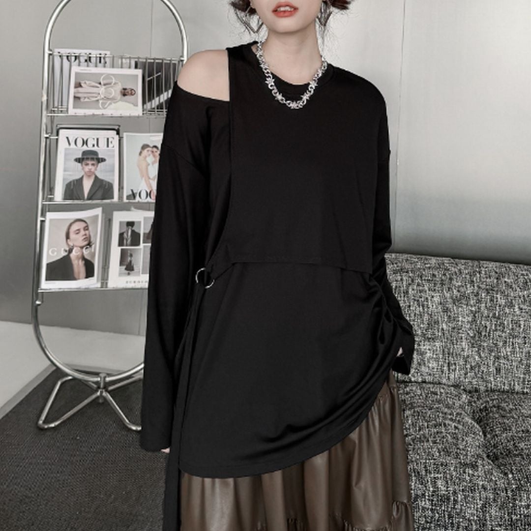 片方肩出しフェイクツーピース長袖シャツ T0357