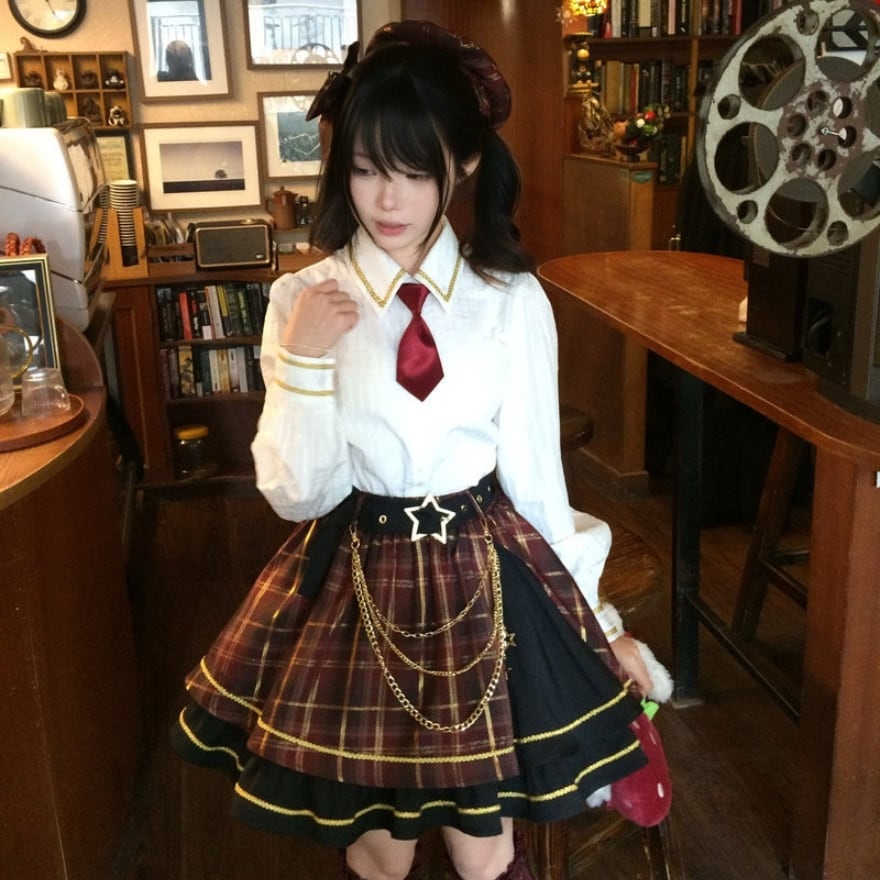 チェック柄アイドルステージ衣装 ネクタイ付きブラウス 単品