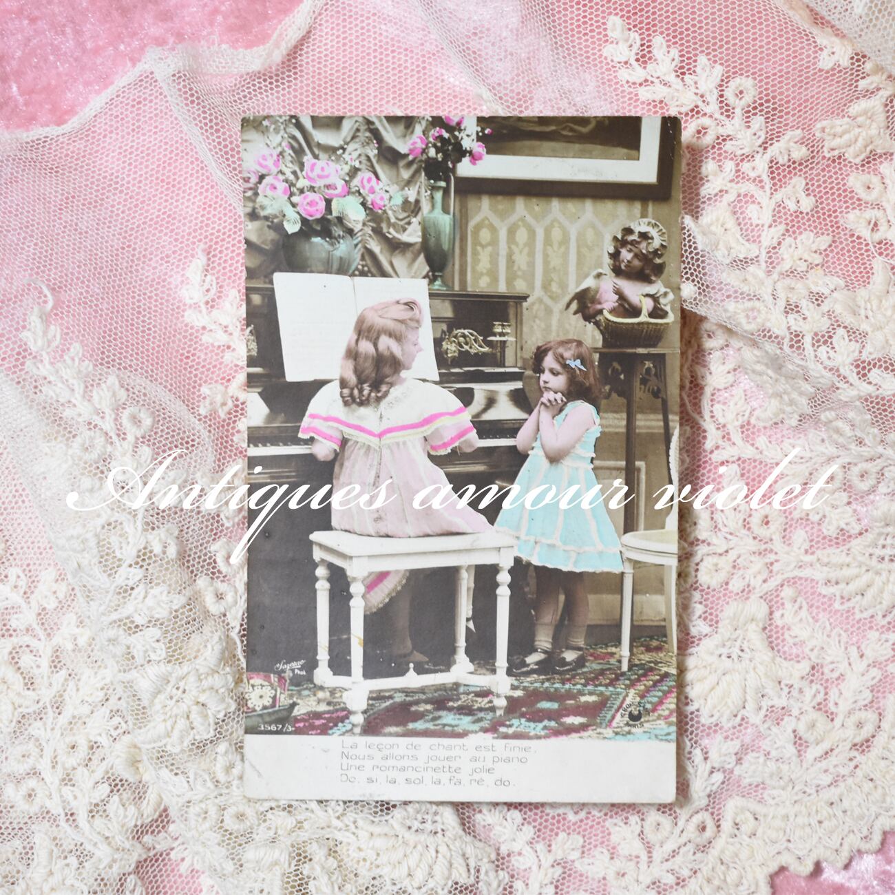 Antique postcard 百合の花を手にする妖精の少女 France P215