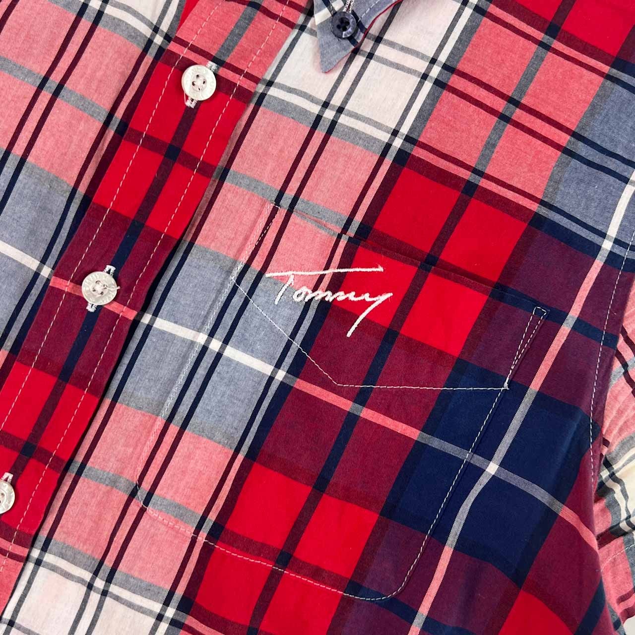 TOMMY トミー チェック BD ボタンダウン 半袖 ワンピース M/レッド× ブルー系 レディース TOMMY HILFIGER
