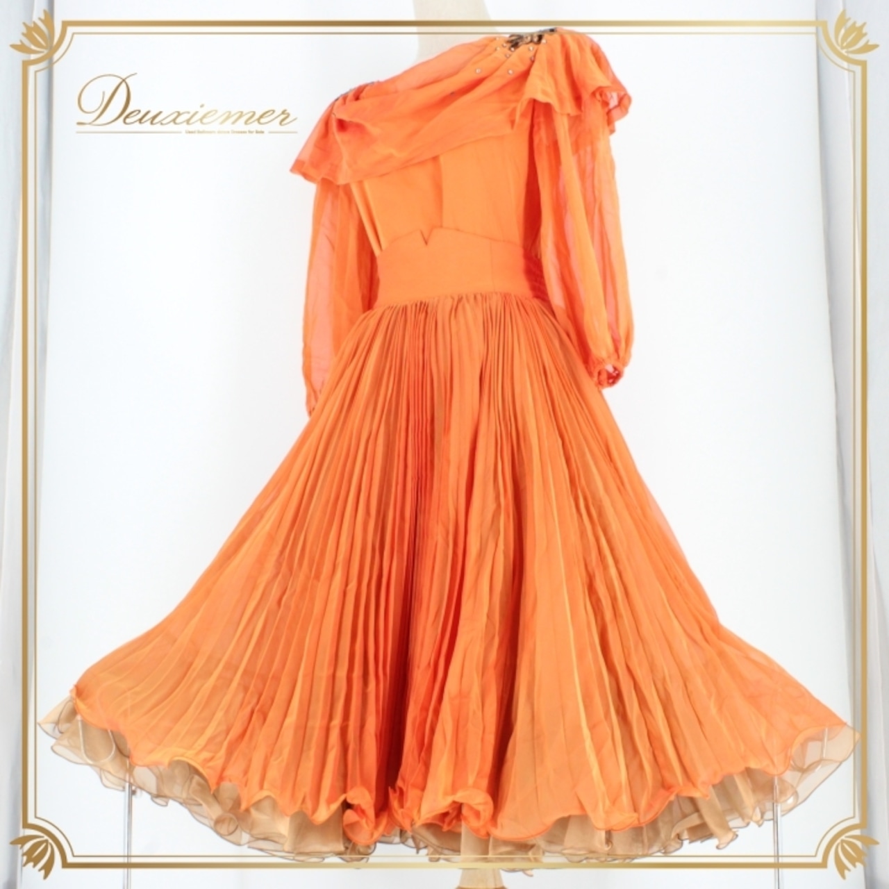 社交ダンス 衣装 スタンダード 上下セット ツーピース レッスンウェア パーティ衣装 レディース オレンジ系 lovely dancing パニエ 鮮やか オレンジ 色 シルエット ふんわり 二重スカート ラインストーン 軽やか おしゃれ ダンスウェア フェミニン カジュアル パーティー 特別な日 または シーン コーディネート ジャズ ダンス パフォーマンス 講師用 レディースファッションユニフォーム 体型カバー