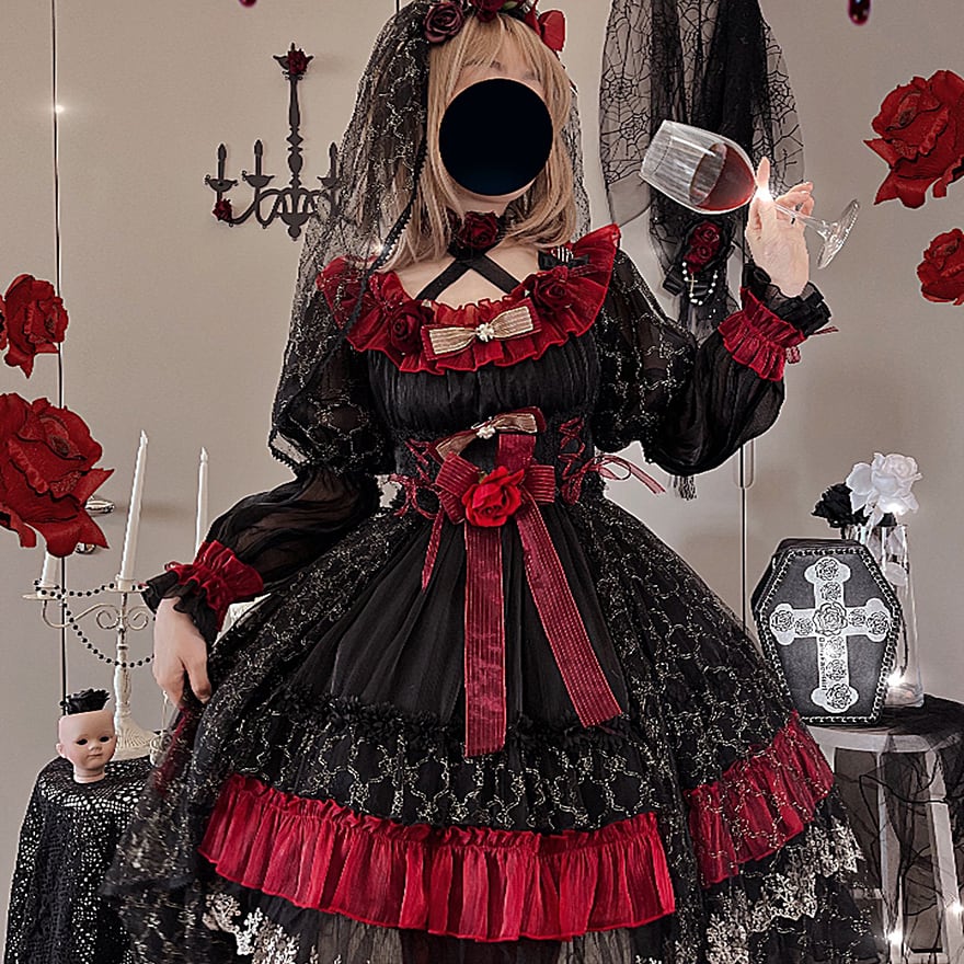 アイドル衣装　ゴスロリ・ロリータドレス赤 フリル ゴスロリ赤黒 ドレス ゴスロリ ドレス セットアップ フリル