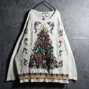 White Tree & Flower Motif Design Ramie Cotton Knit