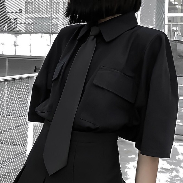 Top Mode トップス シャツ レディース 半袖 長袖 ブラック 無地 ネクタイ付き 黒 シンプル クール カジュアル ストリート系 黒ネクタイ フラップポケット モード系 原宿系 ロック系 W222 Top Mode