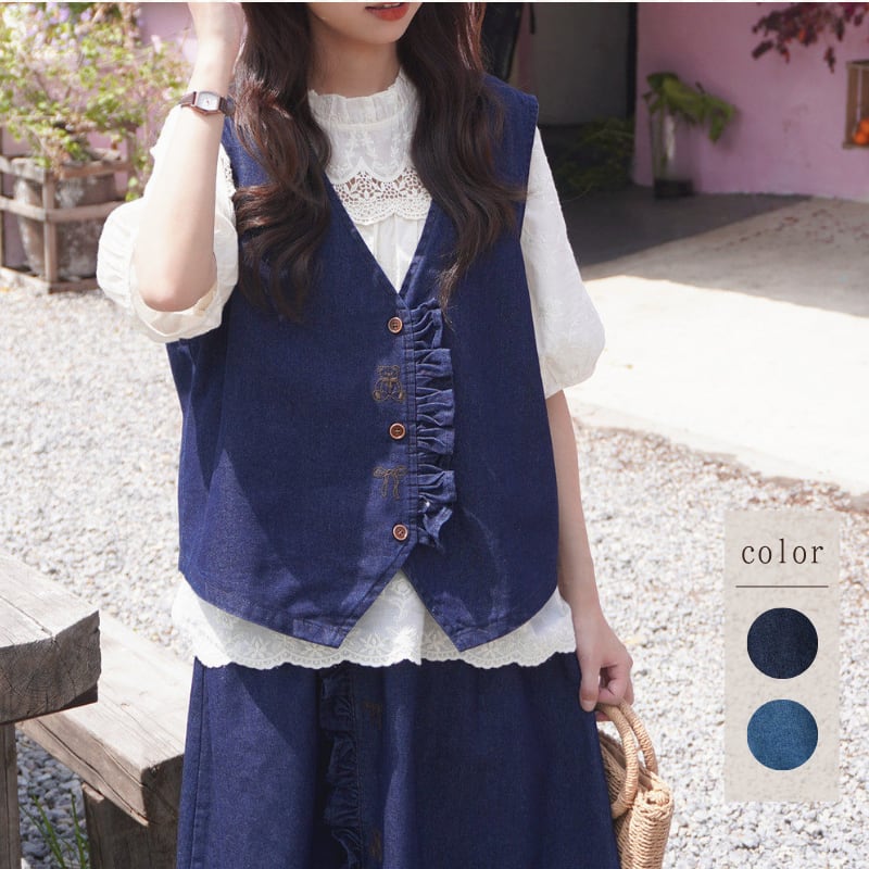 片側フリルくまリボン刺繍デニムベスト W1891