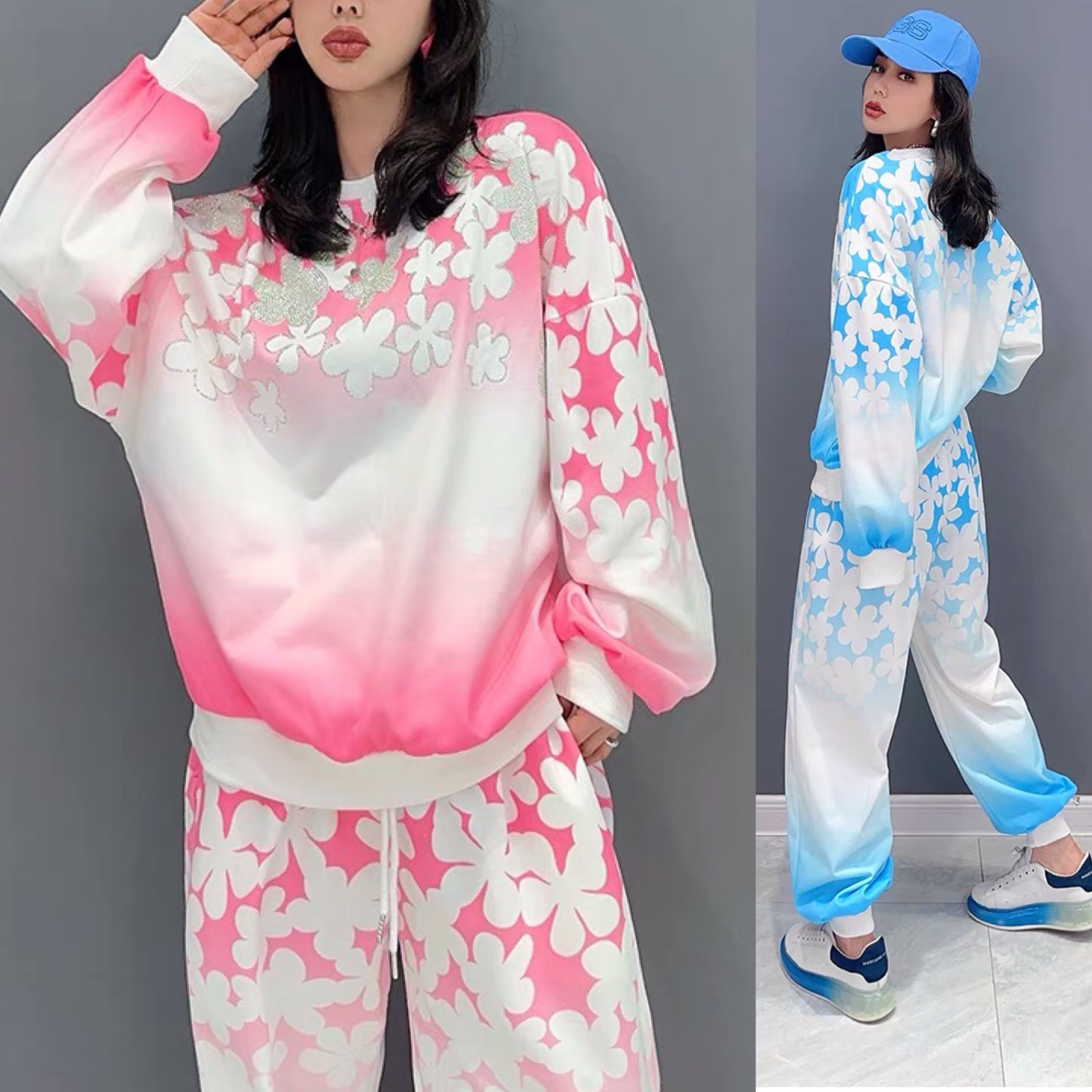 セットアップ】花柄 フラワー ピンク 水色 スウェット トレーナー