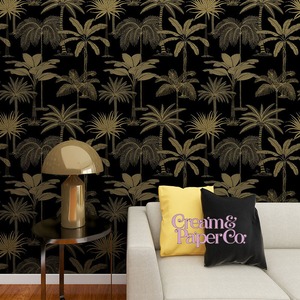 【切り売り】ブラック× マットゴールド Tropical tree FL-778203MT for DIY 幅53㎝ リピート64㎝