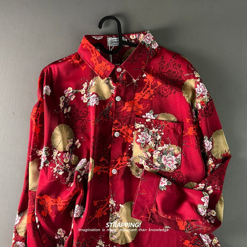菖蒲チャイナ柄 レッド ꒰中国風赤花柄長袖シャツ！【STRAPPINGシリーズ】☆チャイナ風