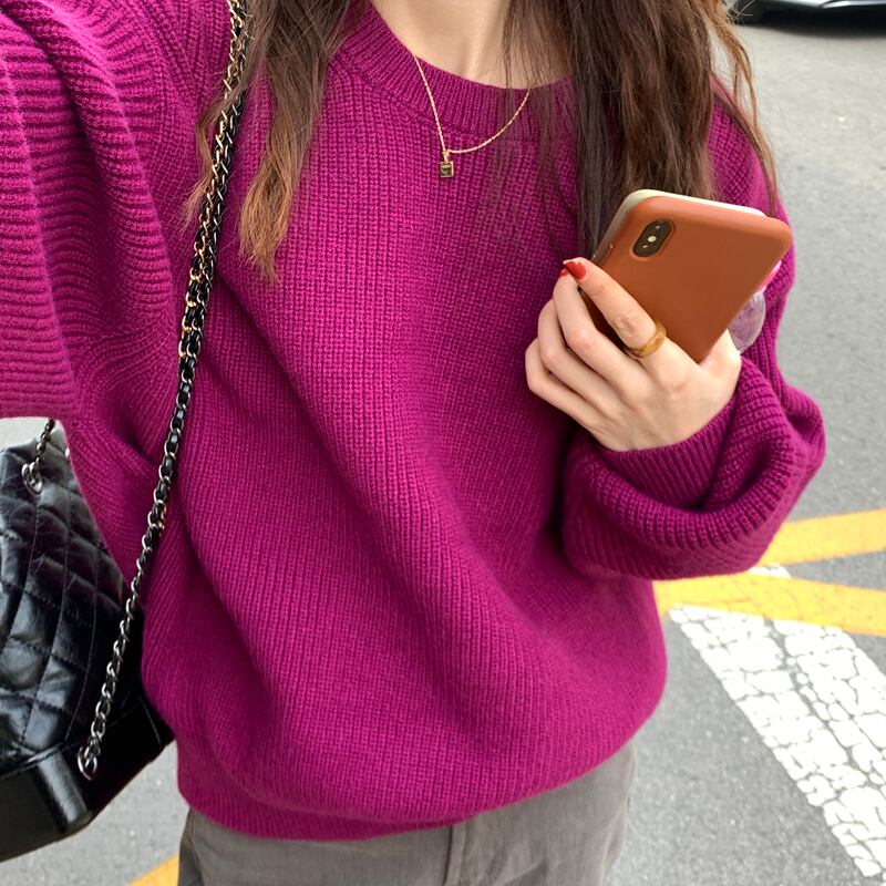 カラーホワイトスタンダードベーシックソリッド ラウンドネックプルオーバー セーター レディース レトロ Oネック ソリッドカラー ビッグFスモールZ韓国11122780933