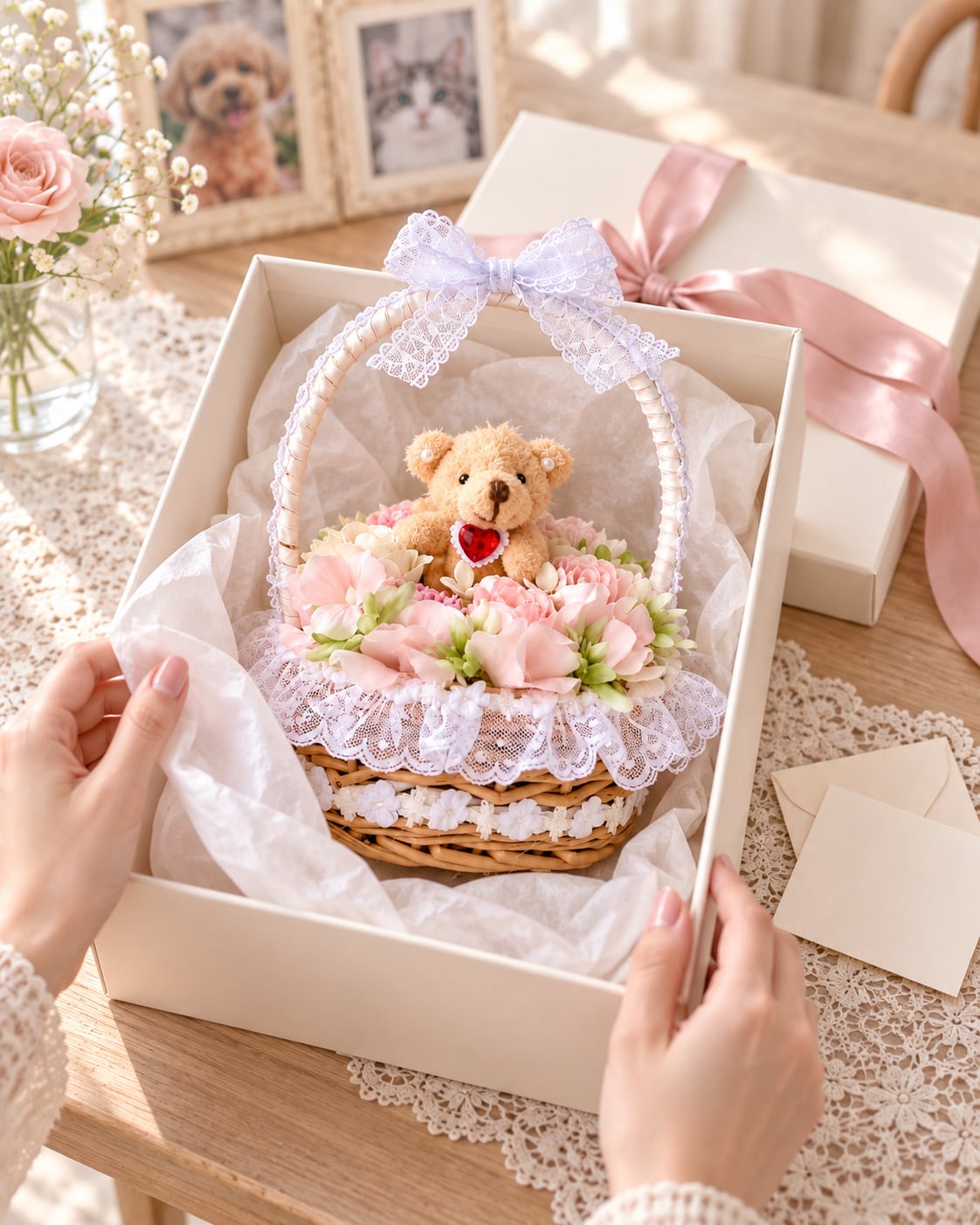 フラワーアレンジ｜うちの子と楽しむミニベアの花かご【AR-012】｜パステルフラワー｜ペットのいる暮らし｜ギフト｜ミニベア｜横15㎝ 高さ約18cm｜ギフト｜ミニベア｜横15㎝ 高さ約18cm