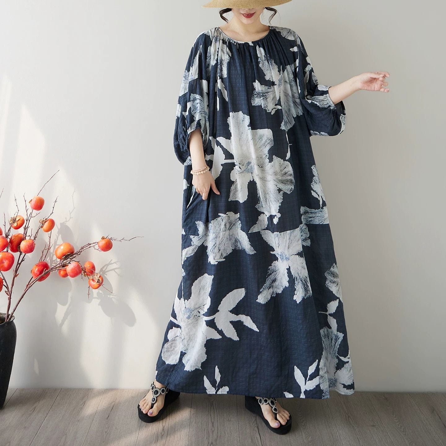 RELAXED PRINTED PLEATED OVERKNEE DRESS M-17666