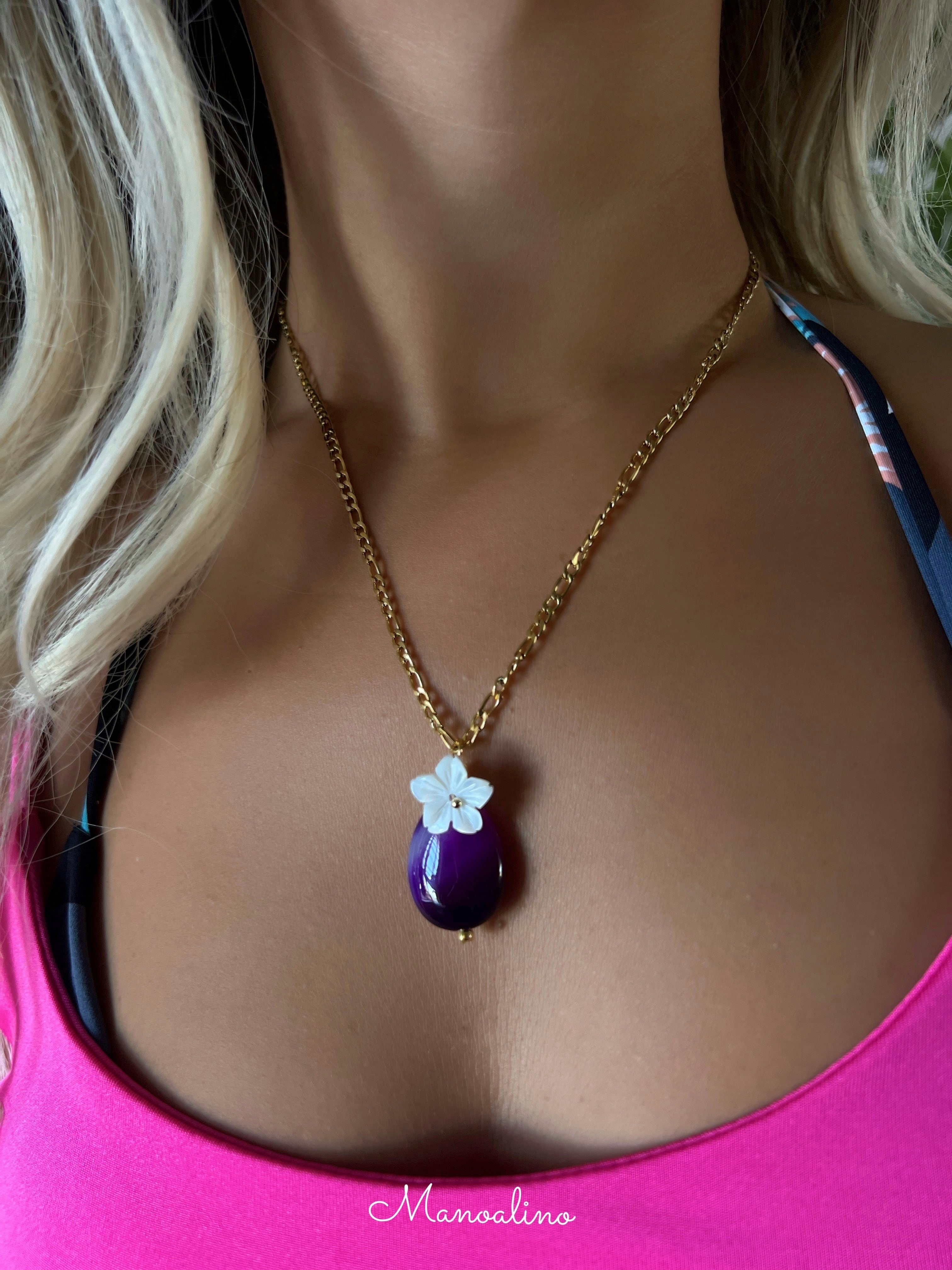 Agate×Plumeria necklace(アゲート瑪瑙天然石×プルメリアネックレス ...