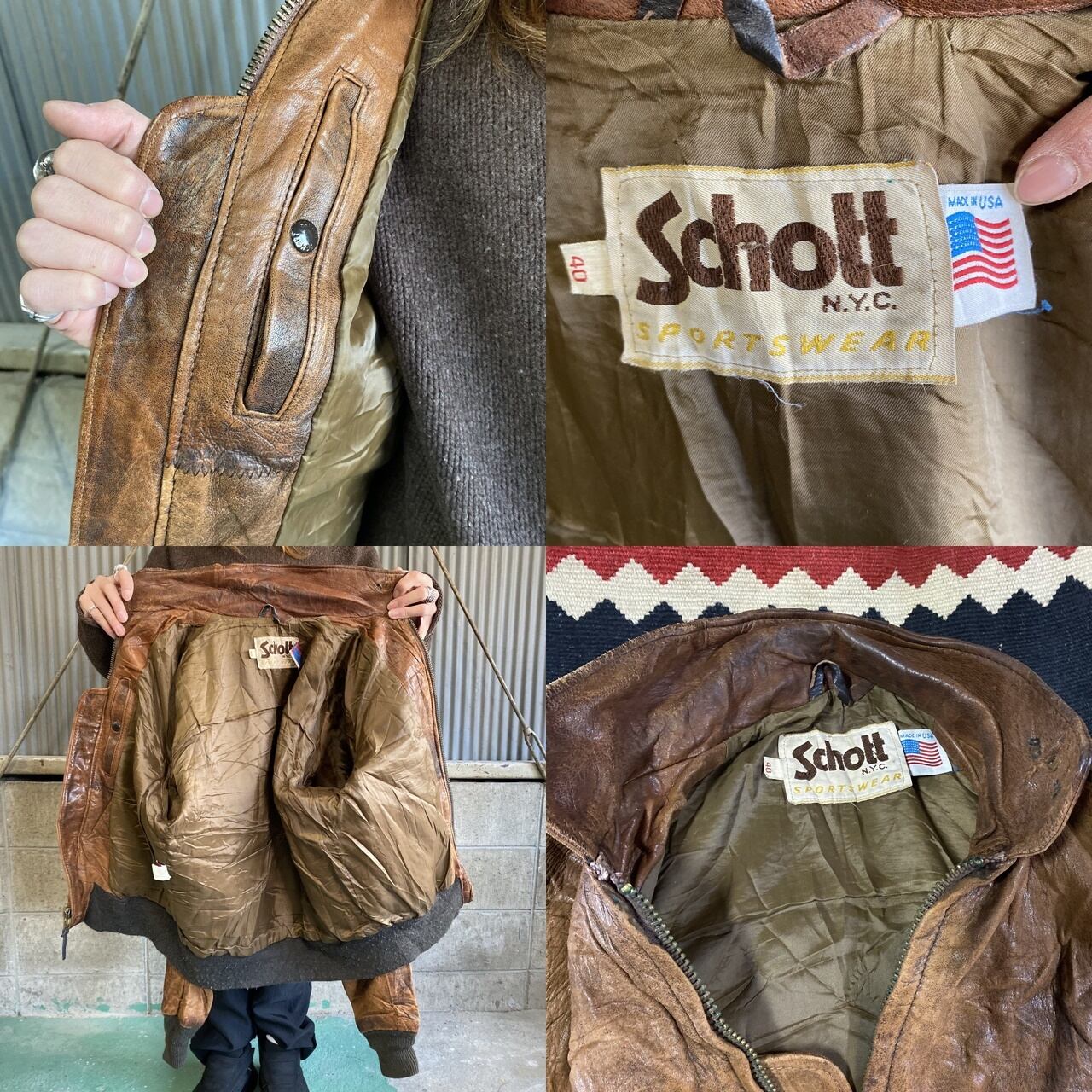 70〜80年代 ビンテージ Schott ショット レザーフライトジャケット 