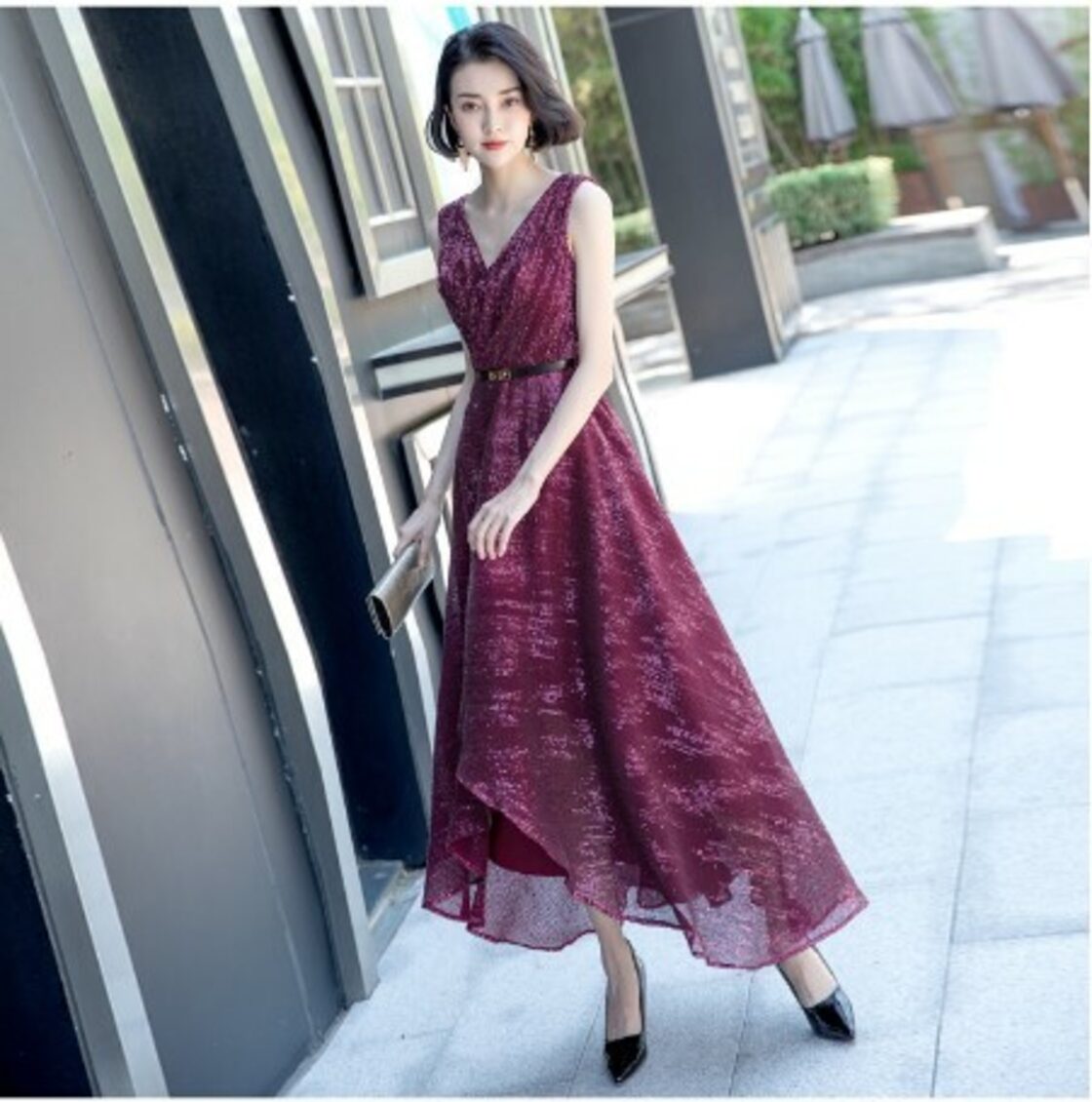 豪華！パーティードレス 紫 ワンショルダー Aライン 前撮り 音楽会  