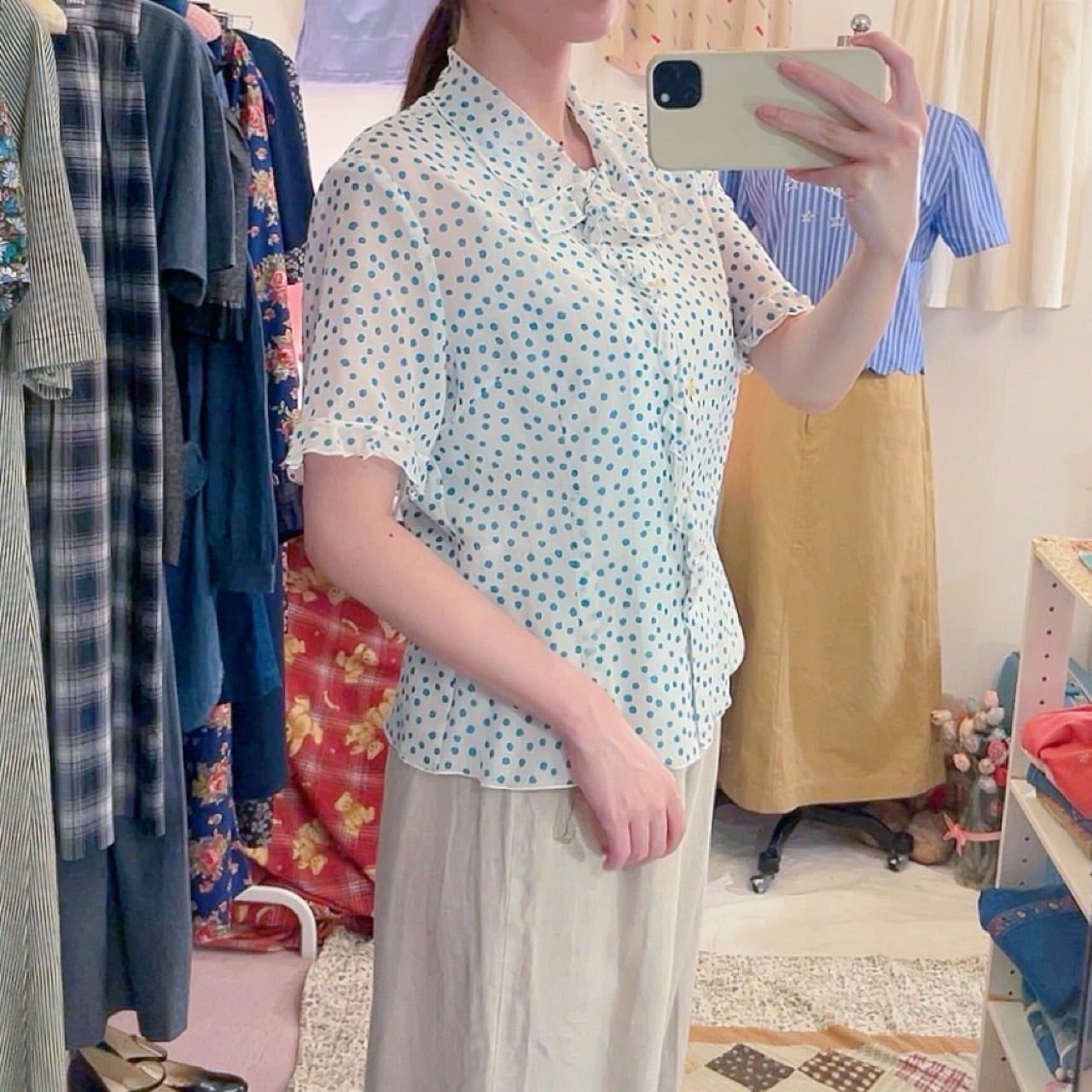 water blue dot frill blouse