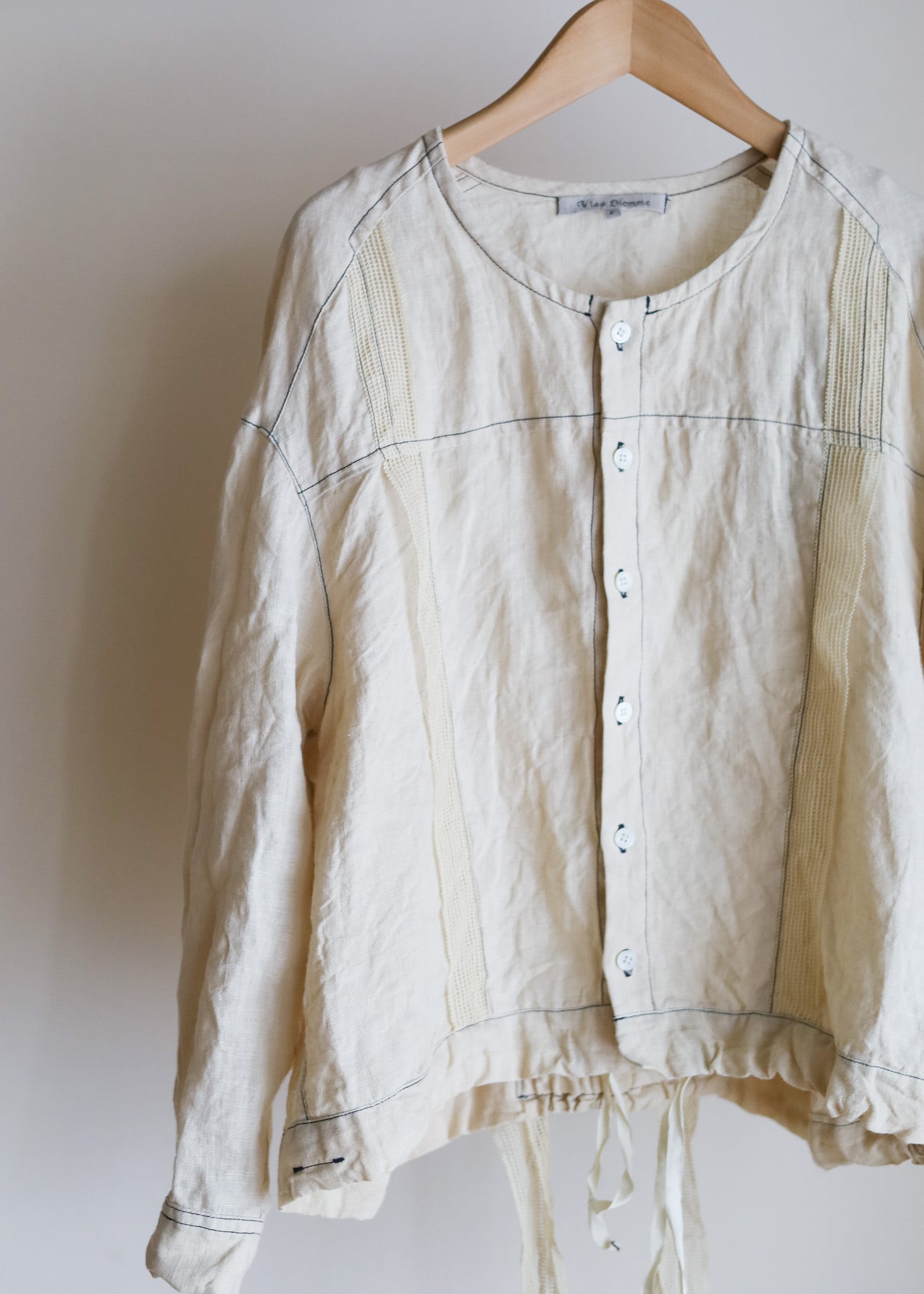 Vlas Blomme - Washed Linen × Lace ステッチブラウス - Ecru Beige