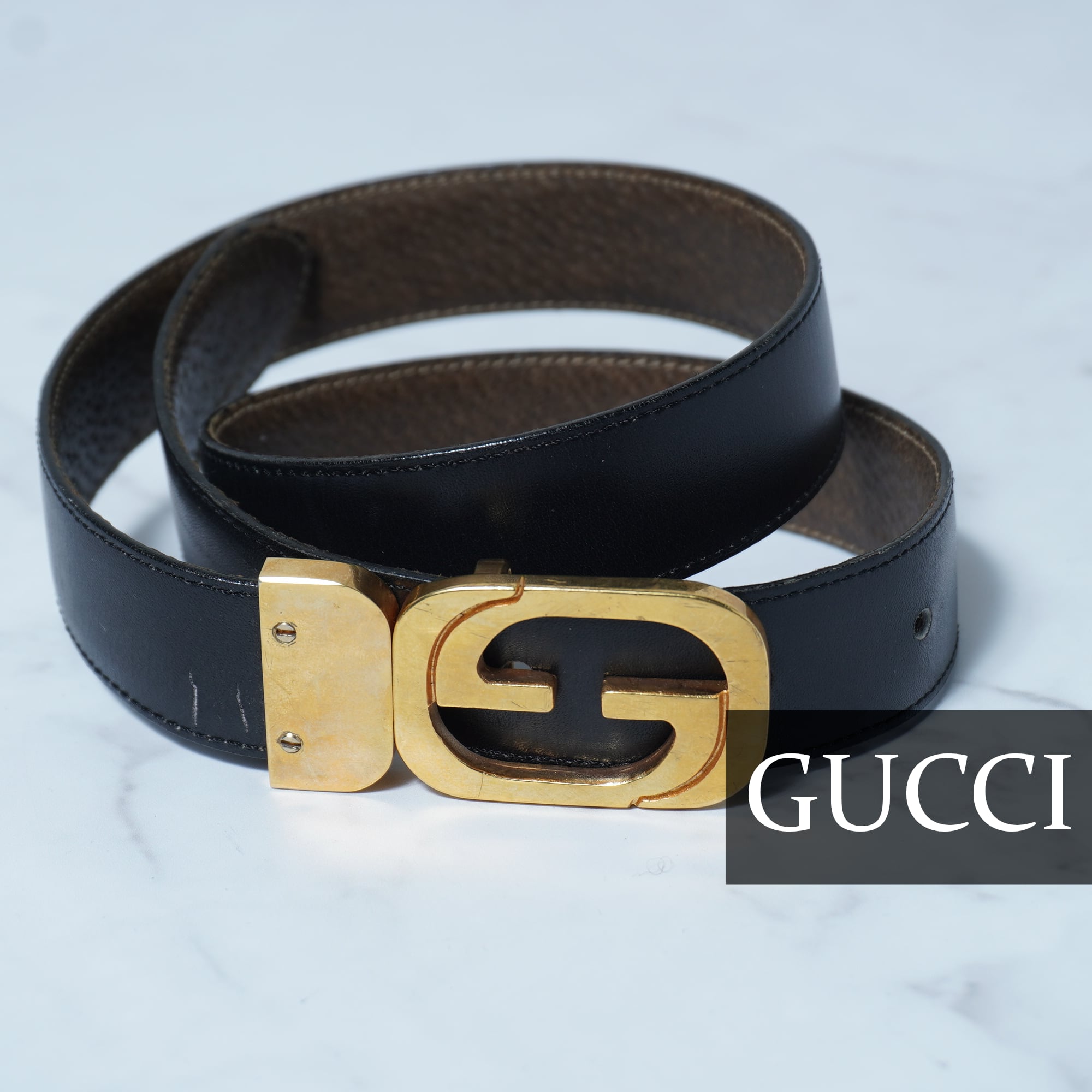 GUCCI】グッチ ”GGロゴ” ゴールドバックルレザーベルト black