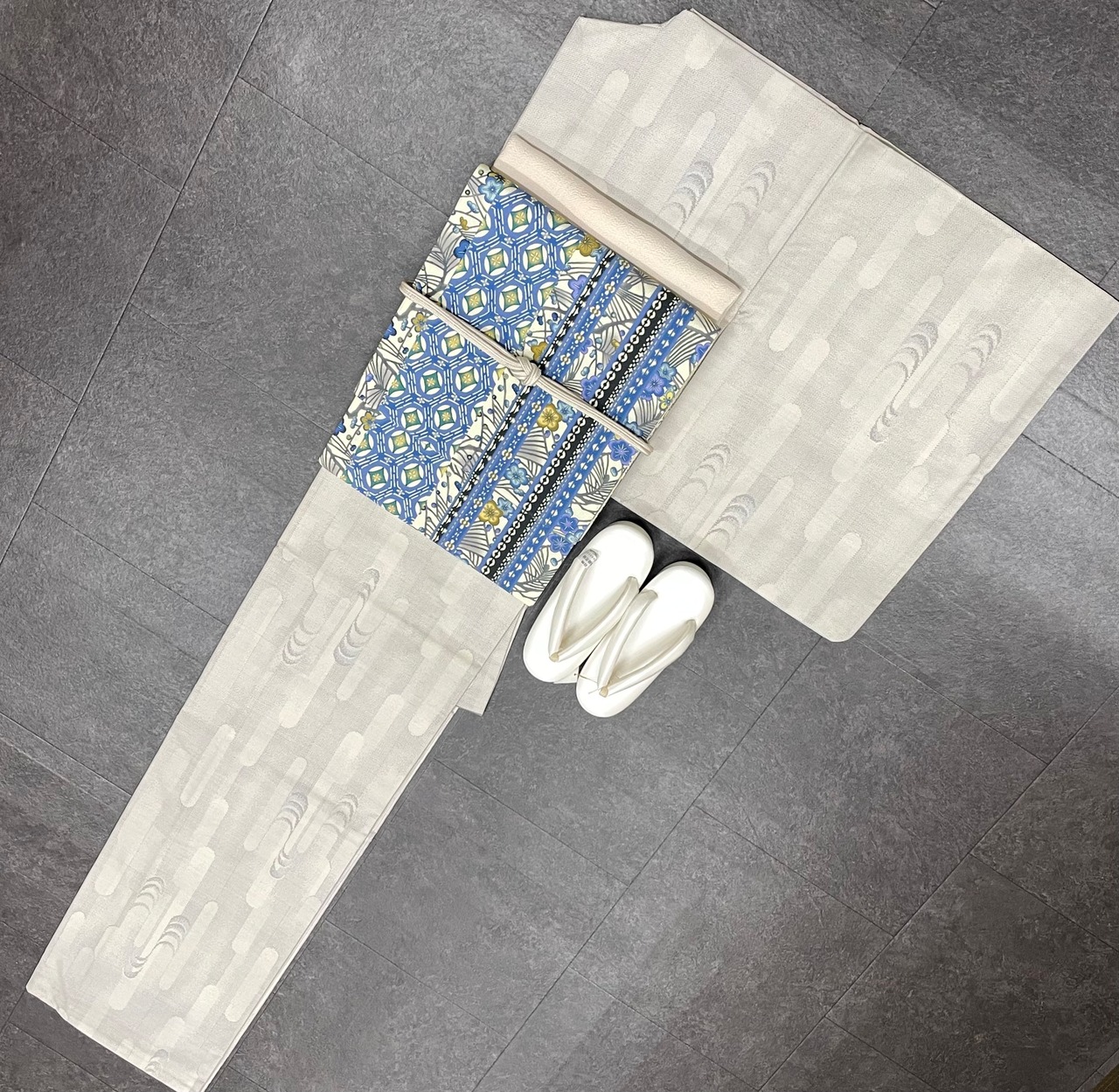 洒落袋 全通柄 薄い象牙色地 瑠璃色✖️薄花桜色 長さ448cm Q2205  