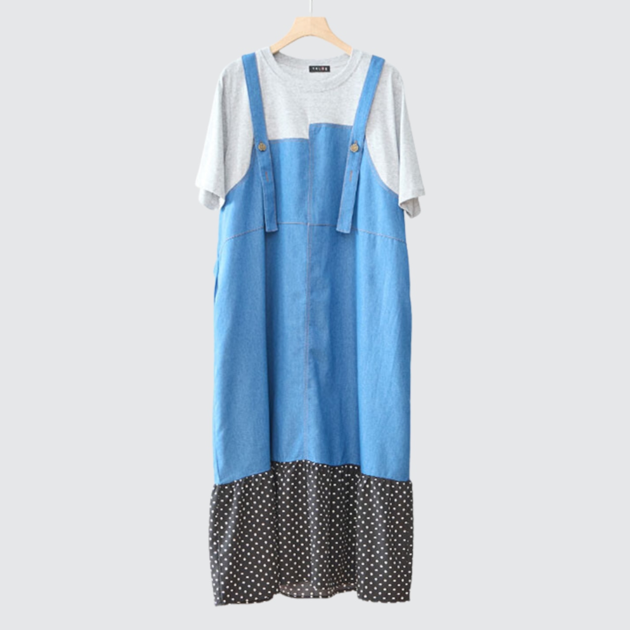 TRUBE デニム×ドット裾異素材切替サロペット風ドッキングワンピース【M~L】グレー