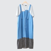 TRUBE デニム×ドット裾異素材切替サロペット風ドッキングワンピース【M~L】グレー